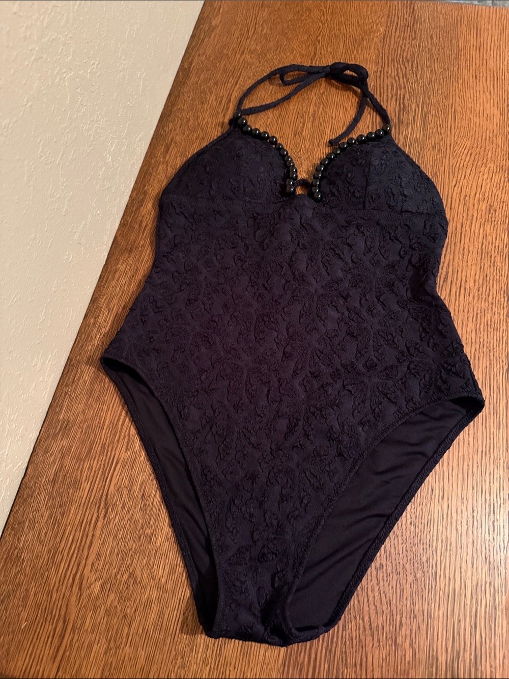 J. Crew Black Textured Beaded Halter One-Piece Swimsuit